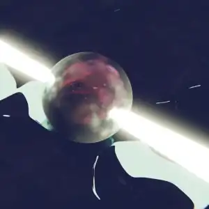 a spacey looking round object in a 90s cgi style. there are lightbeams shooting from it